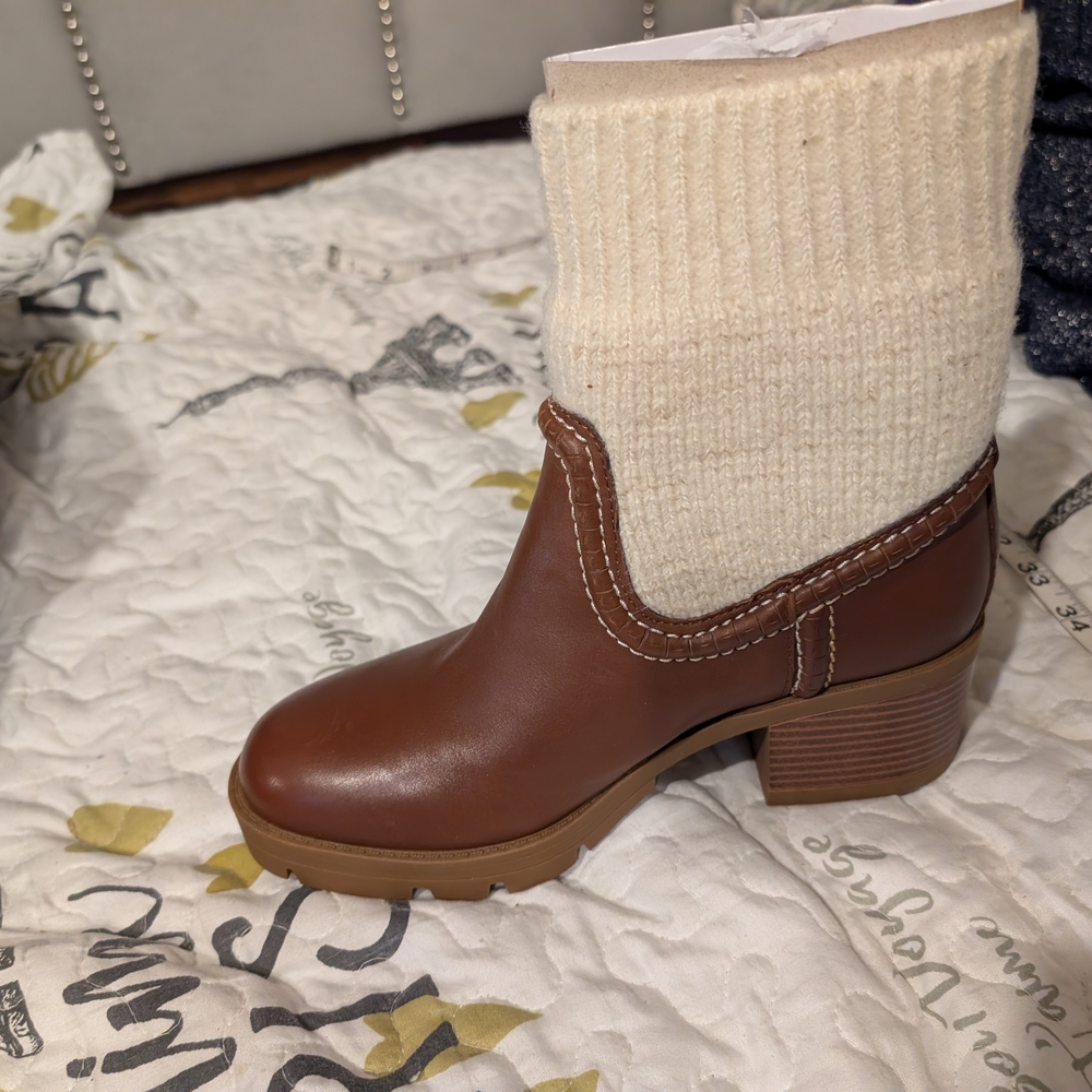 Nine West Brown Heeled Boots with Cream Knit Cuff
